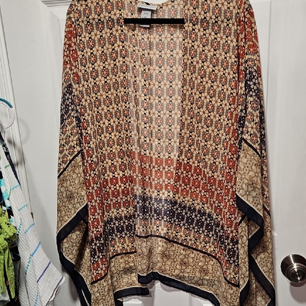 Catherines Sheer Printed Kimono in Beige, Rust & Navy